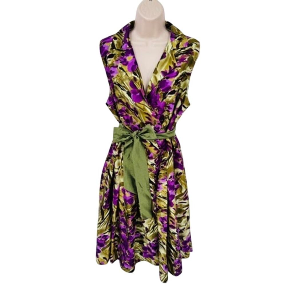 Floral Purple & Green Sleeveless Wrap Dress with Sash